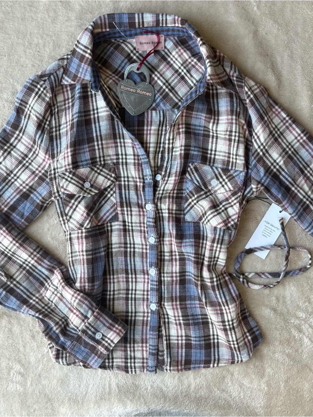 Woman’s tie back Blue & Brown Plaid Button-Up Shirt
